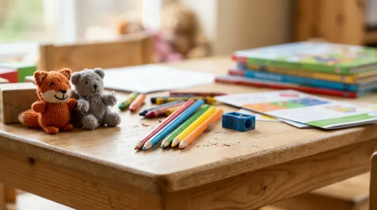 A wooden desk holding colored pencils, a sharpener, books, and small stuffed toy animals.