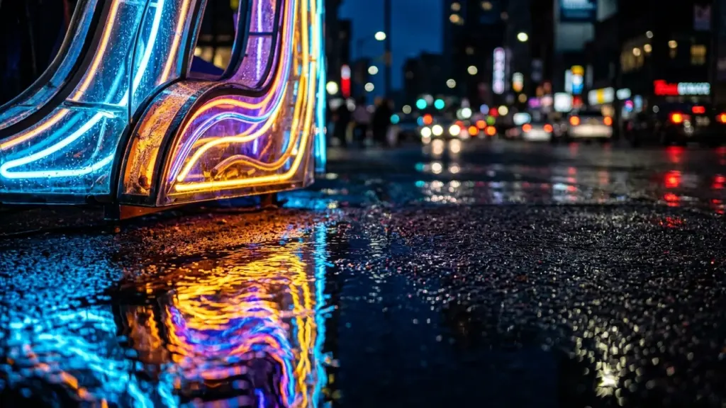 Close-up of bright neon lights reflecting in a rain-slicked city street at night.
