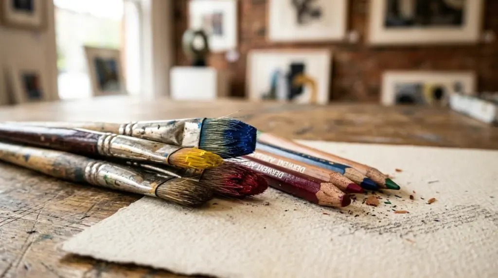 Several paintbrushes with colorful bristles resting on a textured paper surface in an art studio.