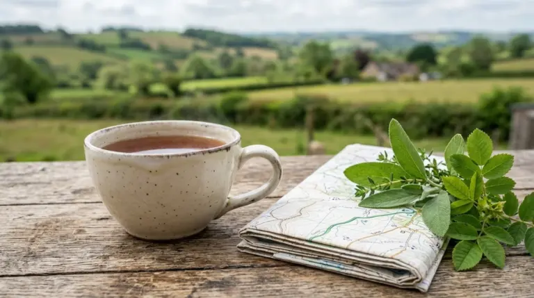 A cup of steaming tea next to a folded map and herbs outdoors.