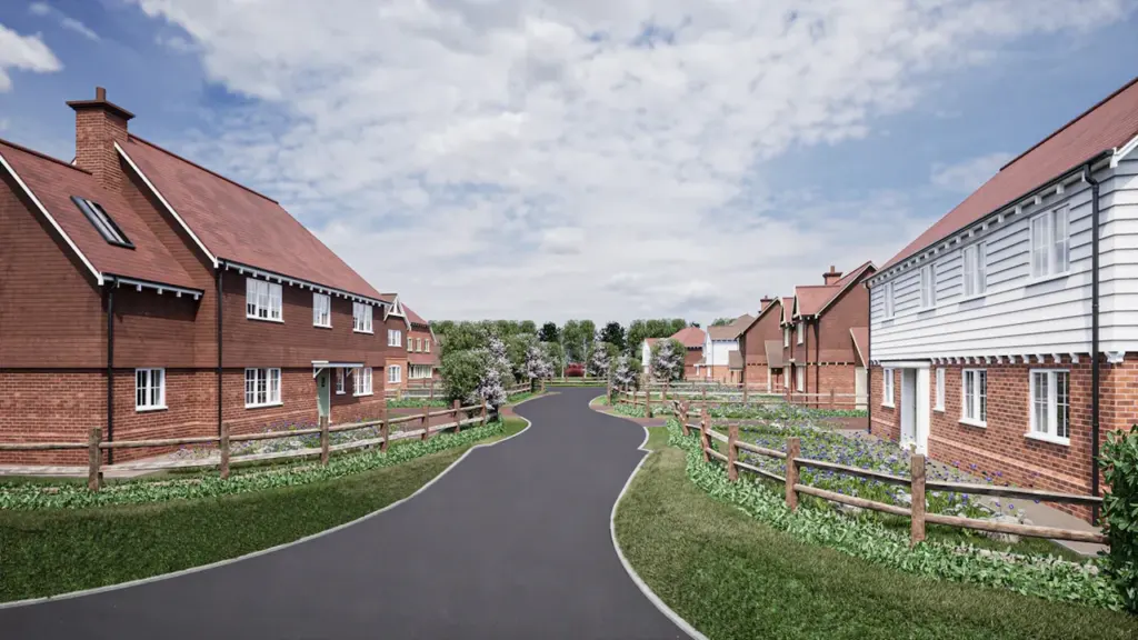 Modern residential street scene featuring new brick and timber-clad affordable homes.