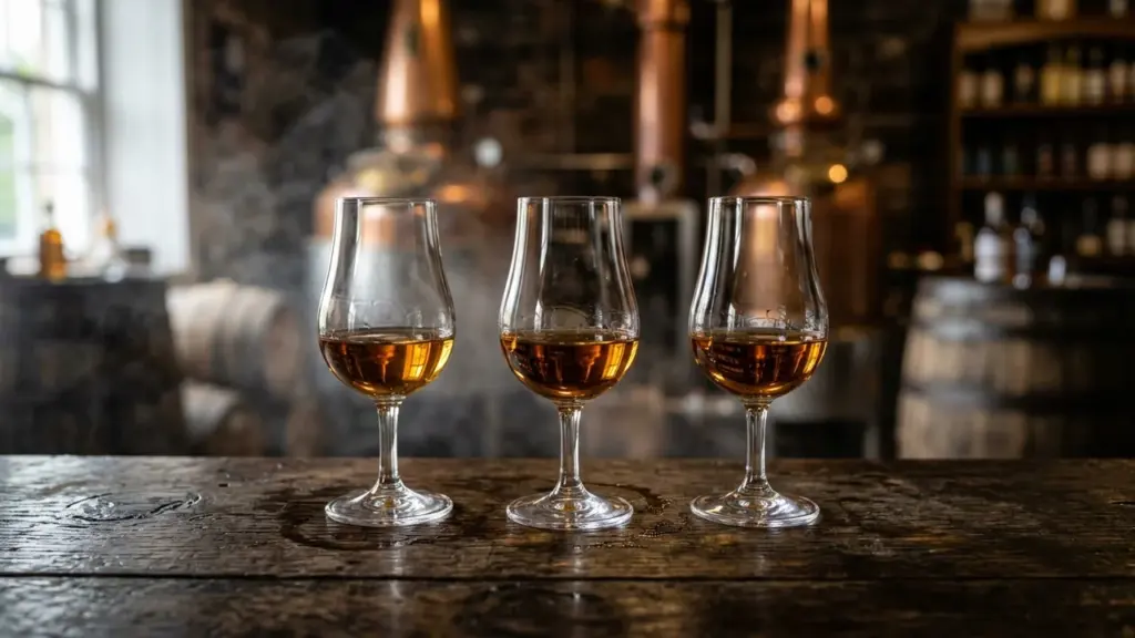 Three crystal glasses filled with amber whiskey sitting on a rustic wooden bar counter.