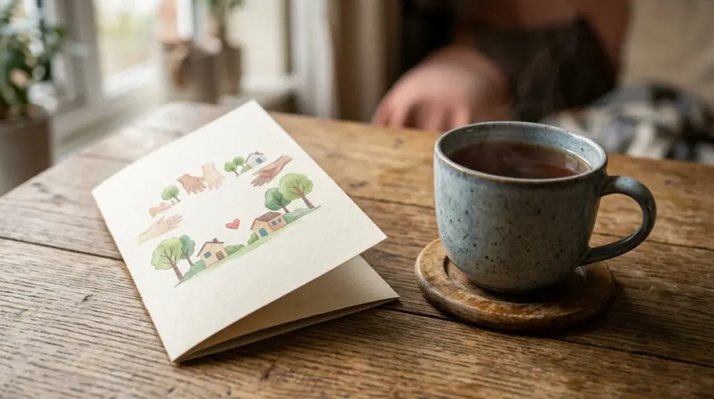 A greeting card with watercolor drawings of houses and trees beside a steaming mug.