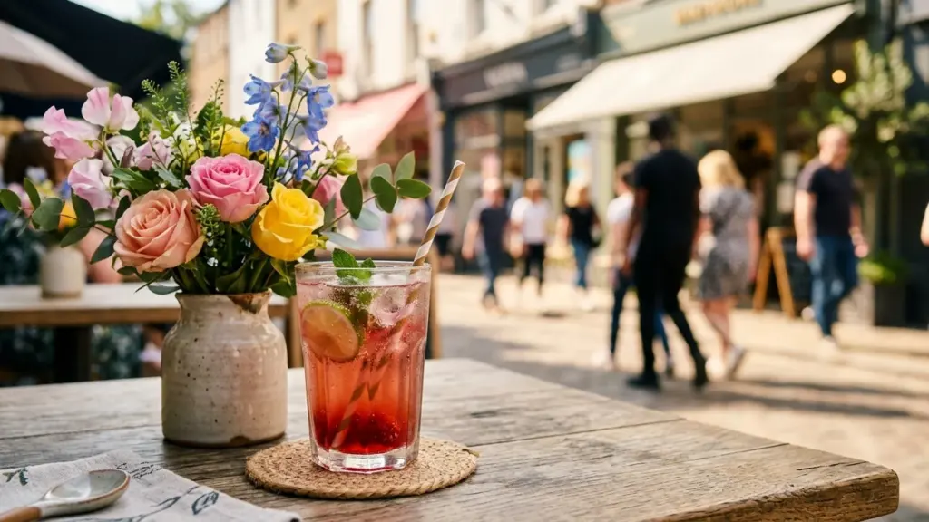 A refreshing red drink with a straw sits beside a colorful floral bouquet.