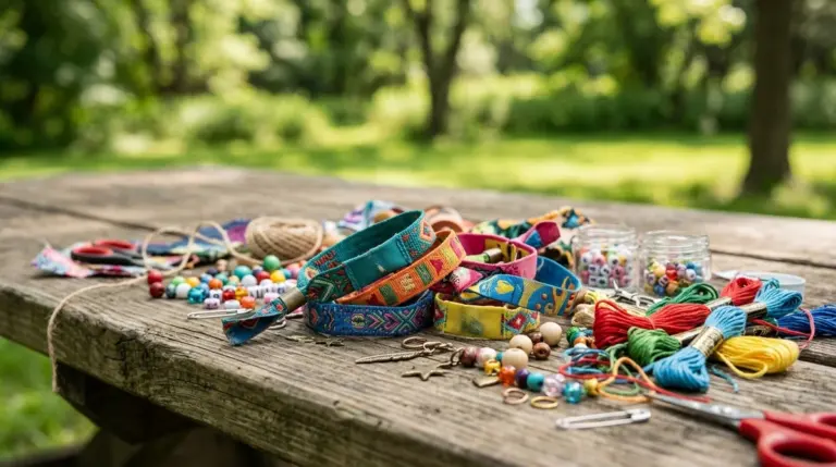 Colorful fabric wristbands, beads, and embroidery thread arranged on a weathered wooden picnic table.
