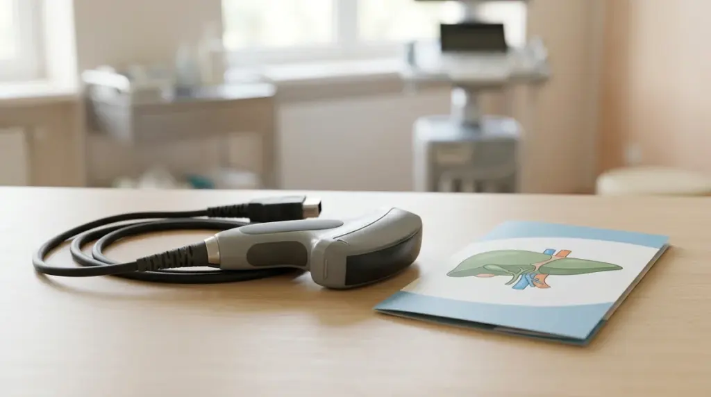An ultrasound transducer probe lies next to a medical brochure featuring a liver illustration.