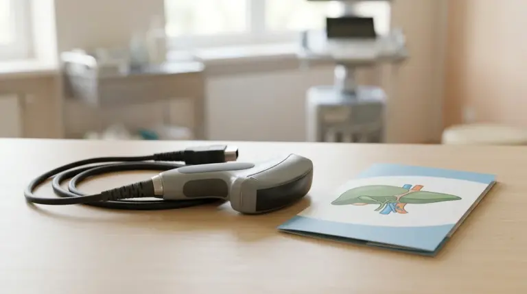 An ultrasound transducer probe lies next to a medical brochure featuring a liver illustration.