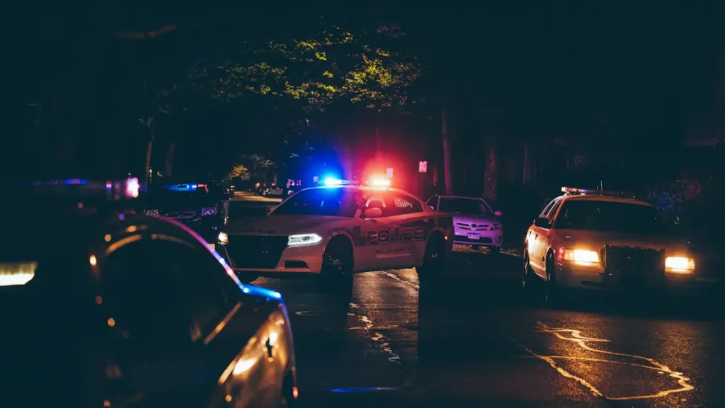 Police vehicles with flashing red and blue lights at night on city street.