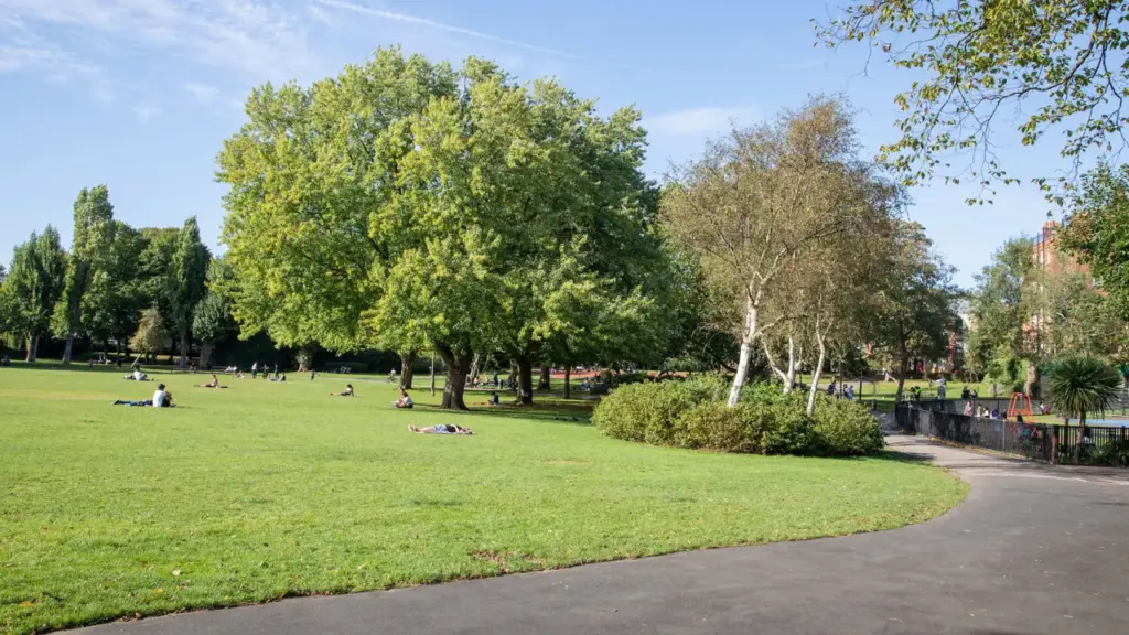 People relaxing on a large green lawn surrounded by mature trees in park.