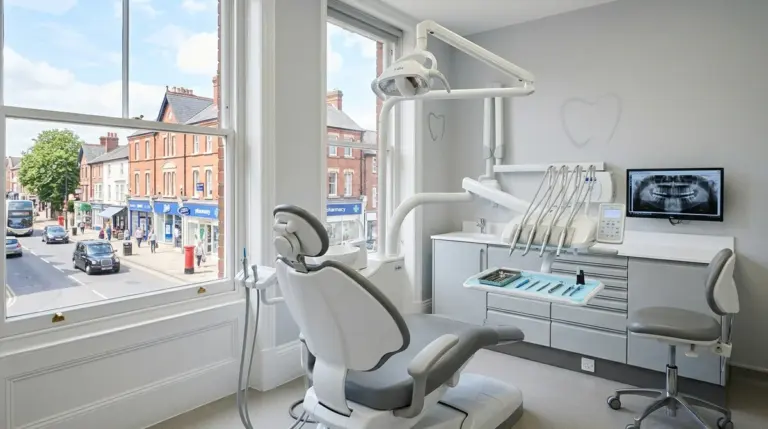 A modern dental examination room overlooking a busy street through large glass windows.