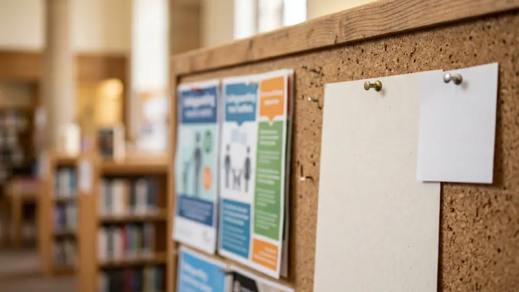 A cork bulletin board featuring flyers and blank white papers in a library.