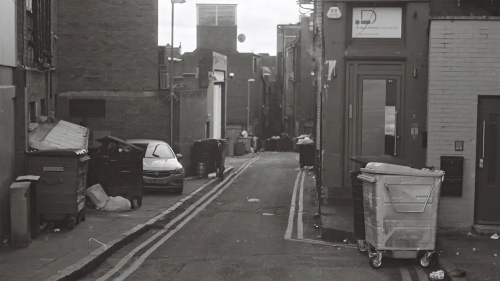 Black and white street photography featuring a narrow alleyway with industrial waste bins in Nottingham.