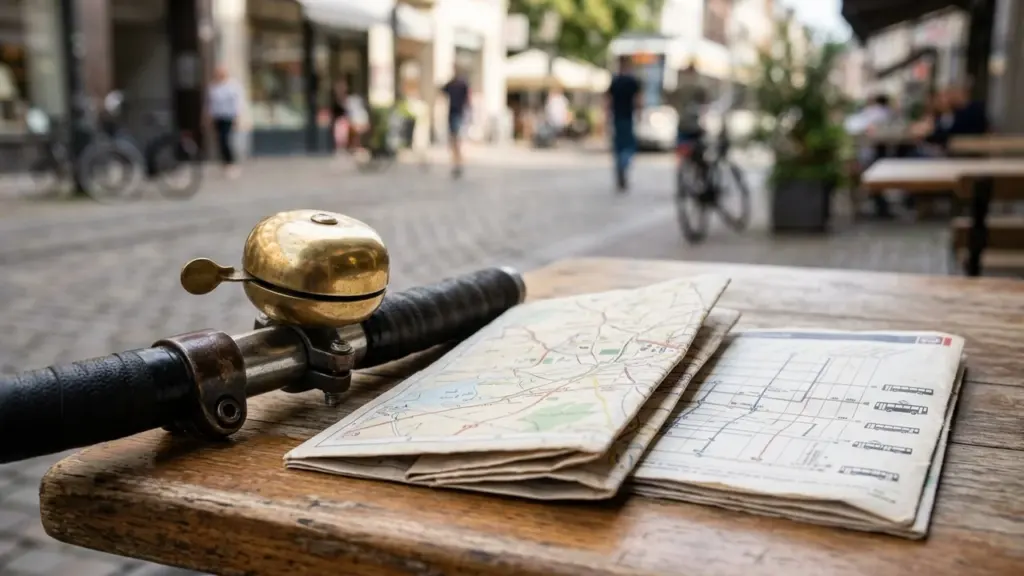 A brass bicycle bell and a folded paper map resting on an outdoor table.