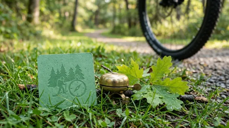 Green square coaster with compass icon sits beside bicycle bell on grassy forest trail.