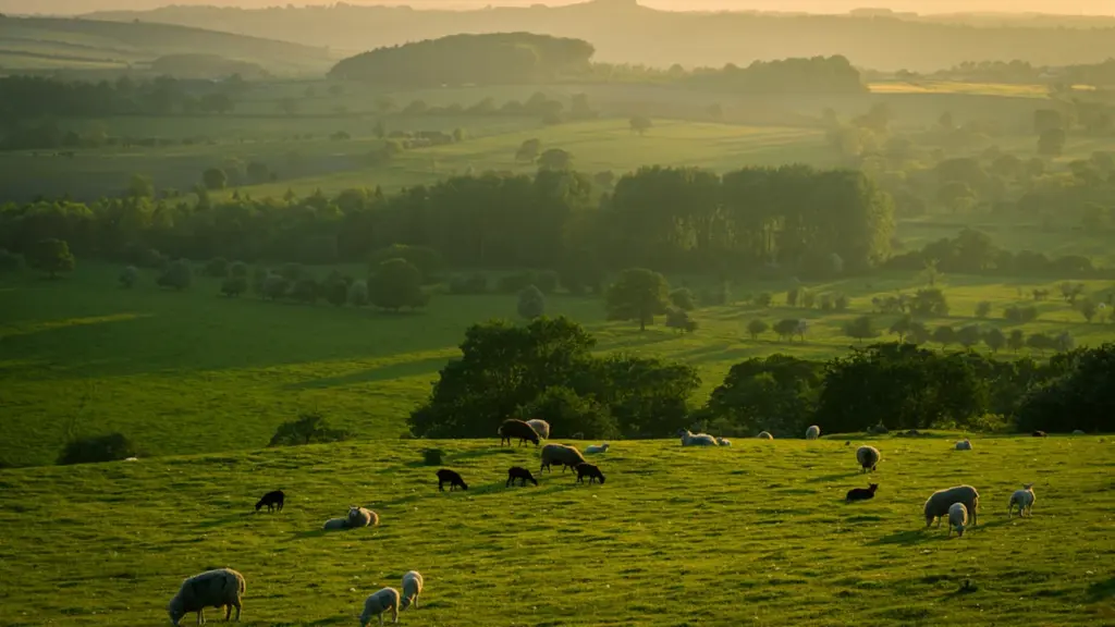 A serene Yorkshire countryside landscape featuring a herd of sheep on lush green grass.
