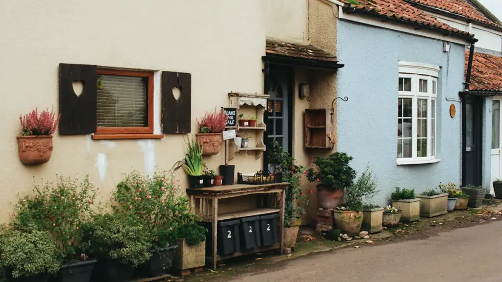 Quaint English terraced houses with vibrant potted plants and floral displays outside.