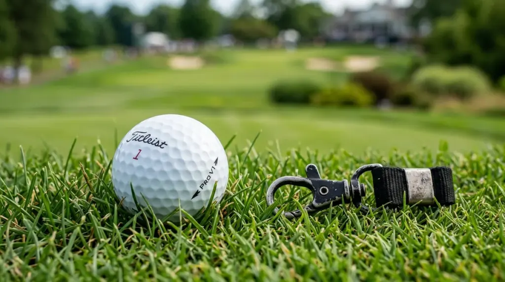 A white Titleist golf ball and a metal keychain resting on green fairway grass.