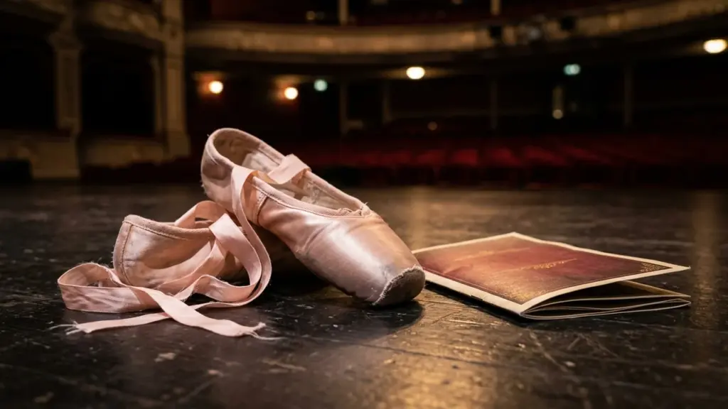 A pair of worn pink satin ballet pointe shoes resting on a dark theater stage.